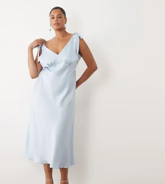 New Look Plus New Look Curve - Vestito midi in raso azzurro con spalline annodate-Blu