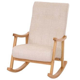Hhg [nunca Usado] Silla Mecedora Hhg-857, Sill&oacute;n Relax, Madera Mvg, Tela/tejido Chenilla (465 G/m&sup2;), Crema, Estructura Natural