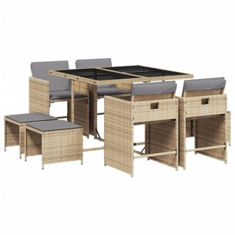 vidaXL Vidaxl - Set Comedor De Jard&iacute;n 9 Pzas Con Cojines Rat&aacute;n Sint&eacute;tico Beige