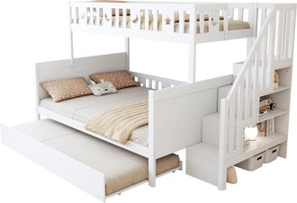 STILVORA Litera 3 Plazas Con Escalera De Almacenaje, Cama Nido Y Barandillas, 90&times;200 Y 140&times;200 Cm, Sin Colch&oacute;n