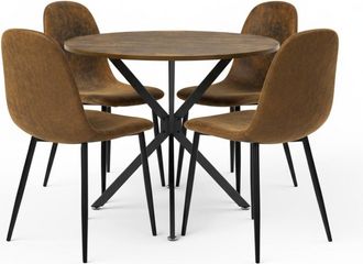 Urban Meuble Mesa de comedor redonda efecto madera con 4 sillas marrones
