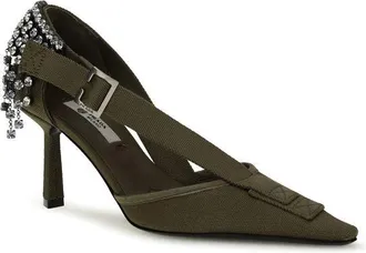 Prada Womens Crystal-Embellished Canvas Pump Khaki Cotton
