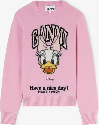 Ganni x Disney Daisy Duck Graphic Wool Sweater Size XXS - Pink