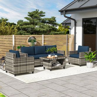 OUTSUNNY 5 Seater Wicker Outdoor Furniture Set for Balcony, Navy Blue in Light Grey