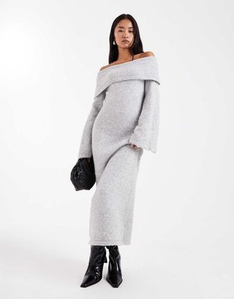 4th & Reckless Vestito maglia lungo grigio effetto lana con scollo alla Bardot risvoltato e maniche a campana