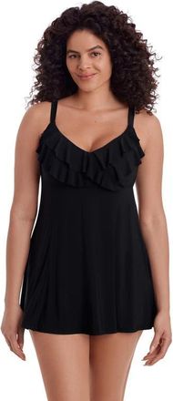 Longitude Ruffle Long Torso Swim Dress in Black at Nordstrom, Size 10