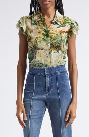 Alice & Olivia Martel Flutter Sleeve Shirt in Terrain Lg at Nordstrom, Size X-Small