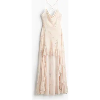 H&M Mesh High-low Dress in Light Beige/floral at Nordstrom, Size X-Small