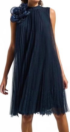 Joseph Ribkoff Mesh And Lace A-Line Dress With Organza Flower In Midnight Blue