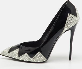 Giuseppe Zanotti Black Patent Leather And Suede Crystal Embellished Pointed Toe Pumps