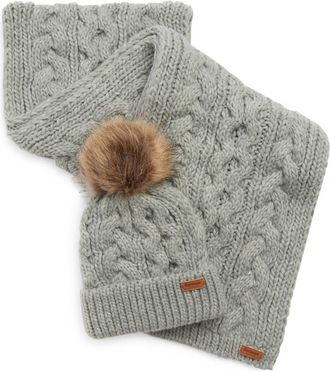 Barbour Penshaw Faux Fur Pompom Beanie & Scarf Set Gift Box in Grey at Nordstrom