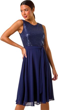 Roman Womens Sequin Bodice Belted Chiffon Dress - Navy - Size 20 UK