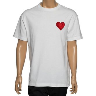 Palm Angels White Cotton Heart Embroidered Crew Neck T-Shirt