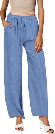 Generic Womens Casual Solid-Colour Cotton-Blend Drawstring Trousers with Elastic Waist & Side Pockets, Long Wide-Leg Pants for Everyday Errands, Coffee Dates 
