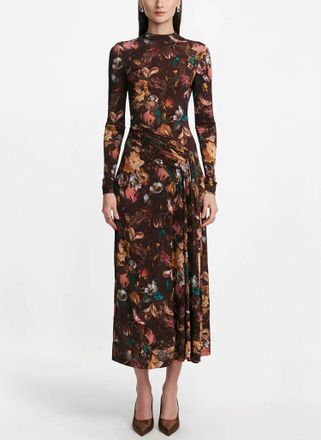Lela Rose Floral Printed Jersey Long Sleeve Draped Front Dress In Brown Multi