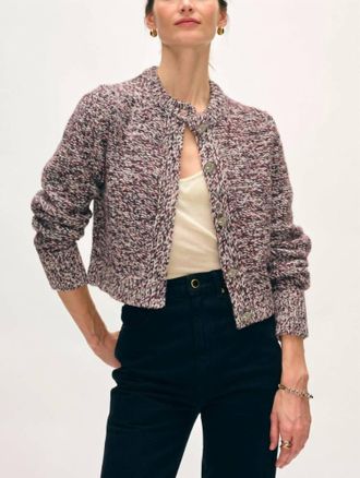 White + Warren Crewneck Button Cardigan In Dark Crimson Marl