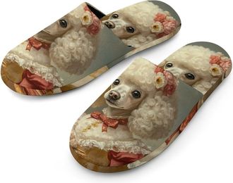 Generic White Poodle European Court Flannel Mens Slip-on Slippers Winter Warm House Shoes with Rubber Sole for Home Hotel