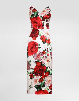 Dolce & Gabbana Strapless Satin Calf-length Dress With Rose Print - Woman Dresses Print 42