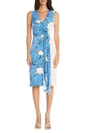 Maggy London Floral Surplice Neck Faux Wrap Dress in Ivory/French Blue at Nordstrom Rack, Size 14
