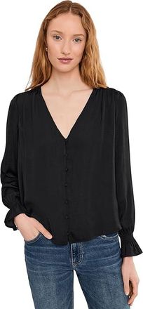 Liverpool L.A. Petite Long Sleeve Button Front Woven Top with Smocking Womens Clothing Black : PXS, Polyester