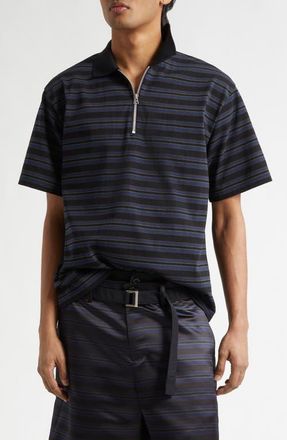 sacai Horizontal Stripe Quarter Zip Polo in Black/Navy at Nordstrom, Size 1