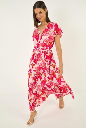 Roman Floral Tiered Tie Waist Dress