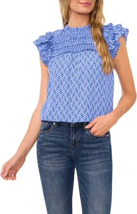 CeCe by Cynthia Steffe Geo Print Smocked Flutter Sleeve Top in Tropic Night at Nordstrom, Size Large