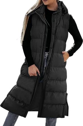 Generic Long Padded Gilet Womens Uk Sleeveless Puffer Vest Zip Up Bodywarmers Quilted Outdoor Jacket With Pockets Ladies Gilets Winter Outerwear Hooded Side S