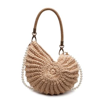 Generic Shell Bag Hand-Woven Shell Bag Unique Knitting Shoulder Handbag Summer Beach Accessory Chic Holiday Pearl Chain Sling Bags(Khaki)
