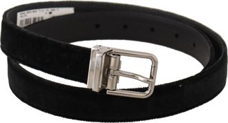 Dolce & Gabbana Black Casual Velvet Silver Metal Logo Buckle Mens Belt
