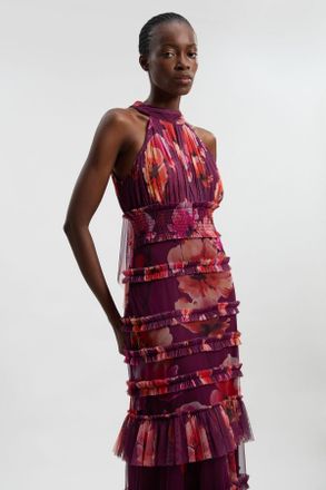 Karen Millen Womens Petite Floral Tulle Halter Neck Woven Maxi Dress - Purple - Size 10 UK
