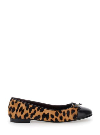 Tory Burch Brown Ballet Shoes With Cap Toe And Leopard Print In Leather Woman