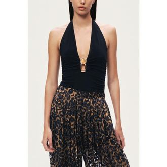 Nocturne Deep V Halter Detail Blouse in Black at Nordstrom, Size X-Small Eu