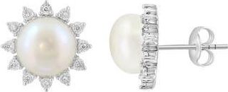 Effy Sterling Silver Pearl Diamond Halo Stud Earrings in White at Nordstrom Rack