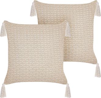Beliani Conjunto De 2 Cojines Beige Claro 42 X 42 Cm Poli&eacute;ster Borlas Relleno Hakone