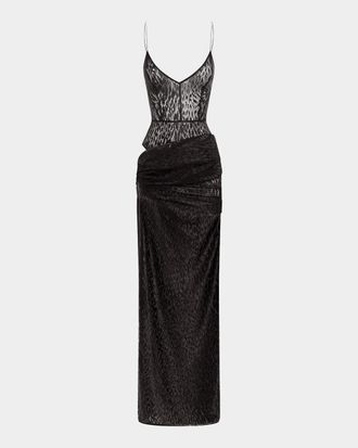 Alex Perry Leopard Burnout Asymmetric Draped Column Bikini Gown