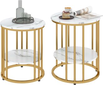 HOMCOM Marble-Effect Round Coffee Table Set of 2 for Living Room - Gold Tone | TJ Hughes