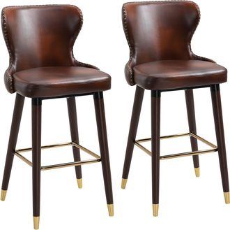 HOMCOM Luxury Bar Stools Set of 2 with Back - PU Leather Upholstery - Brown | TJ Hughes