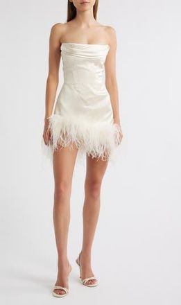 Delfi Adrienne Ostrich Feather Hem Strapless Satin Cocktail Minidress in Ivory at Nordstrom Rack, Size X-Large