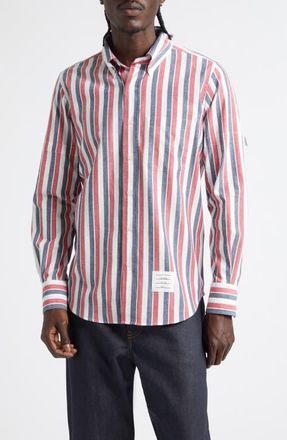 Thom Browne Straight Fit Stripe Cotton Button-Down Shirt in Red W/Blue White at Nordstrom, Size 3