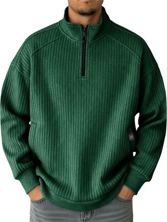 Generic Quarter Zip Jumper Men Work Regular Fit Winter Warm 1/4 Zip Jumper Mens Fleece Lined Thermal Sweatshirts Long Sleeve Collar Golf Jumpers Tops UK Knitt