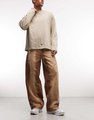 Liquor & Poker Jeans ampi lavaggio marrone tono su tono con cuciture