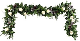Creative Displays Inc. Handcrafted 9Ft Holiday Garland With Roses, Flocked Pine, Ferns & Pinecones
