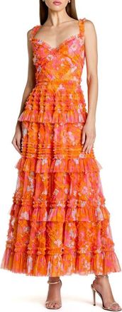 Mac Duggal Sleeveless Floral Ruffle A-Line Maxi Dress in Orange Multi at Nordstrom, Size 12