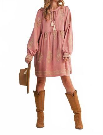 Merci Embroidered Long Puff Sleeve Mini Dress In Rose Pink
