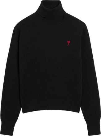 Ami Relaxed Fit Turtleneck Sweater with Embroidered Heart Detail