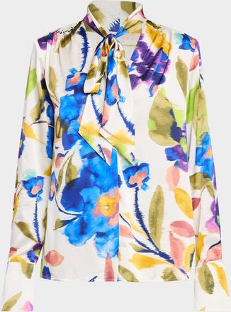 Ramy Brook Veera Floral Tie-Neck Blouse