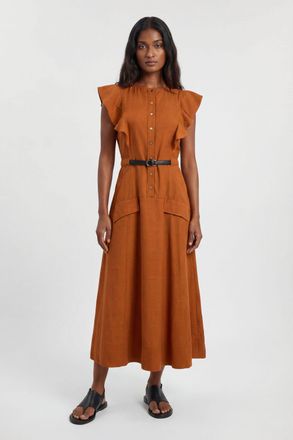 Karen Millen Womens Petite Viscose Linen Woven Halter Neck Midi Dress - Chestnut - Size 12 UK