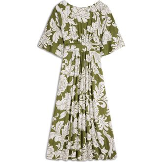 Boden Imelda Floral Kimono Jersey Midi Dress in Olive, Botanical Flourish Mono at Nordstrom, Size 12