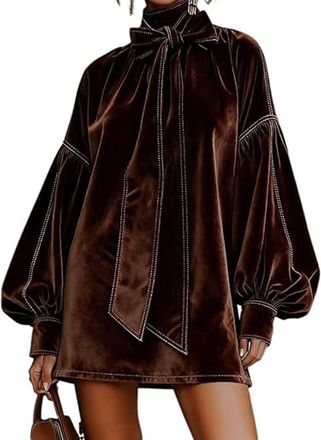 Generic Velvet Bow Dress, Lantern Sleeve Mini Dresses for Women Turtleneck Bow Retro Western Style, Stylish Party Evening Mini Dress. (Dark Brown,XL)